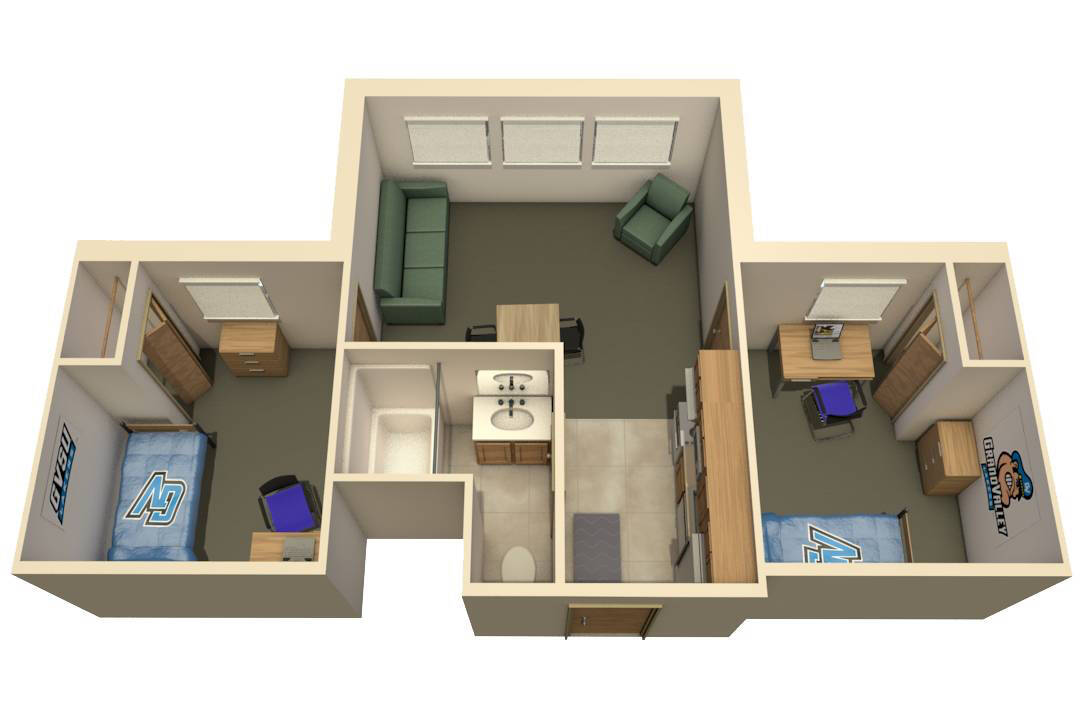 2-Bedroom / 2-Person Apartment layout with two bedrooms, a living area, bathroom, and kitchen.